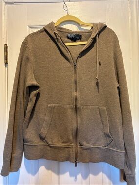 Polo Ralph Lauren Men's Zip-Up Hoodie Sweatshirt in Taupe 100% Cotton Large